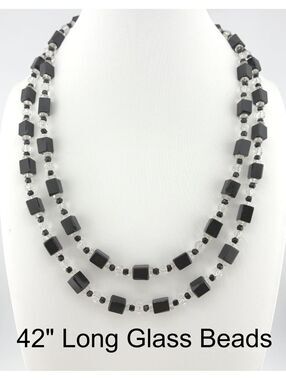 Vintage 42" Long Black and Clear Glass Beaded Necklace with Sterling Clasp